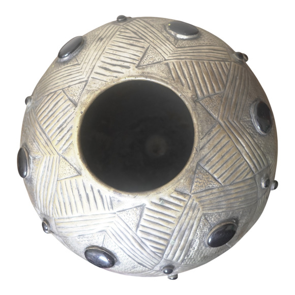 Vintage Brass Silver‑Plated Etched Vase 14” Black Cabochons Mid-Century India - Picture 2 of 14